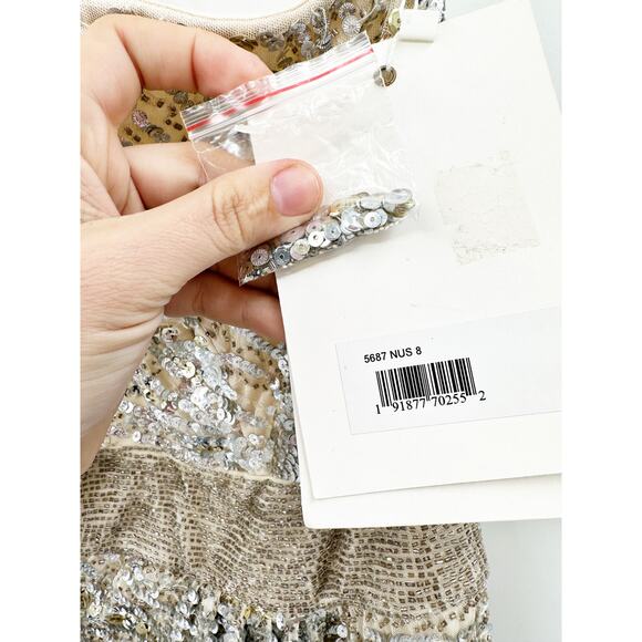 Mac Duggal 5687 Nude Silver Sequin Beaded Lace Up One Shoulder Formal Gown 8 - Picture 7 of 9